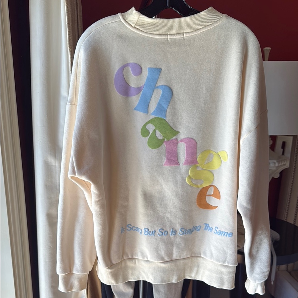 Cream and Blue Graphic Sweatshirt Chaos Design